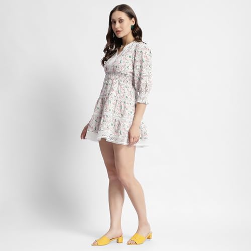 Madame Ditsy Floral Print V-Neck Mini Dress Off White