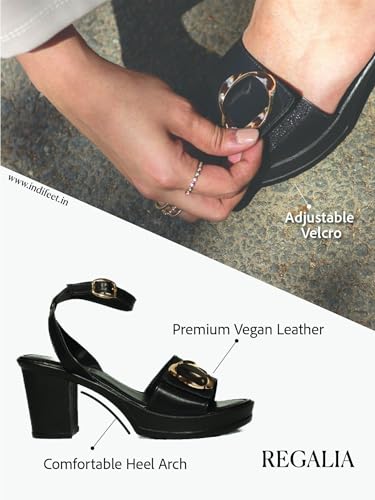 Indifeet Heels for Women Woman Stylish Velcro Sandals Ladies Latest Block Heel Chappals Girls Comfortable Party Sandal Female Fancy Buckle Chappal Footwear Women’s Trendy Fashion Slippers Black