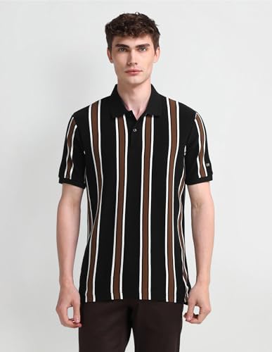 Arrow Sports Men's Black Striped Collared Neck Half Sleeve Casual Cotton Regular Fit T-Shirts (ASAITS3315_Black_3XL)