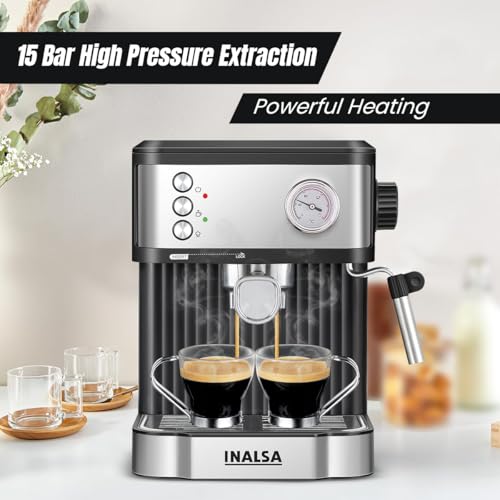 Inalsa Espresso Coffee Machine for Home, Office|15 Bar Pressure|NTC Visible temperature Control Technology With Milk Frother|Double Shot System|3in1- Espresso, Cappuccino & Latte (Espressimo 15)