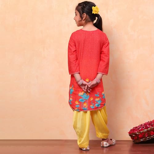 BIBA Girl's Cotton Printed Relaxed Kid Salwar Suit Set (Kw3535_Redyellow_7) 6 Years-7 Years