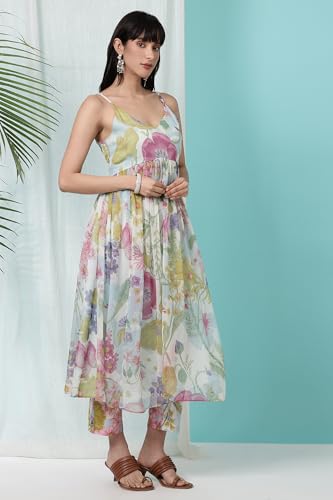 W for Woman Light Blue Floral Printed Gathered Sleeveless Chiffon Kurta with Pants and Dupatta Set (Size: 2XL)-WS12548-125443