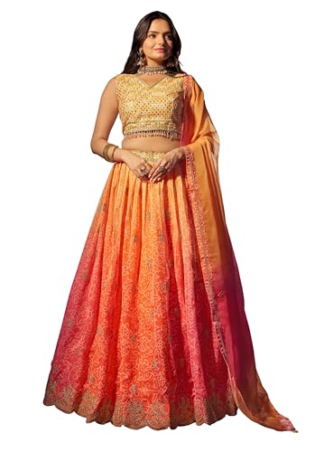 AG Clothing Women's Organza Semi Stitched Lehenga Choli With Dupatta | BAndhani Digital Print With Sequin Embroidery Pattern | Traditional, Wedding, Ethnic Wear Lehenga (AD-SV2-Orange)