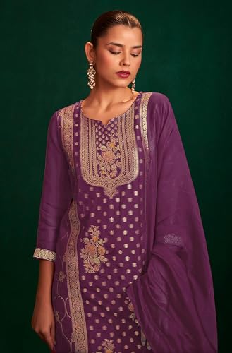 Janasya Women's Purple Organza Jacquard Straight Kurta Set (JAB24ST02276-XL)