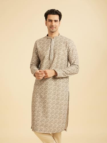 Manyavar Men's Cotton Blend Bandhani Prints & Sequined Kurta Pajama Set (Olive Green,S)