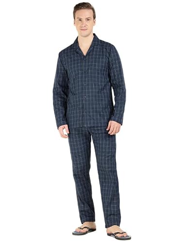 Hancock Men Cotton Checked Relaxed Fit Night Suit Navy Blue Size L