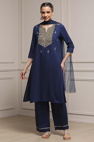 Biba Women Blue Viscose Rayon Straight Solid Suit Set_42