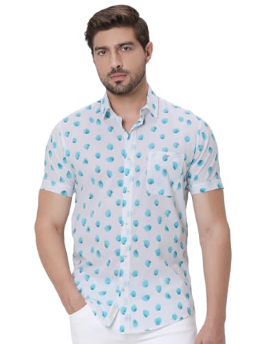 MUFTI Men Casual Shirt | Slim Fit Short Sleeve Spread Collar Polka Dot Design | Lightweight 100% Cotton & Breathable Fabric for Summer, Weekend & Vacation Wear| Bright Turquoise 6XL