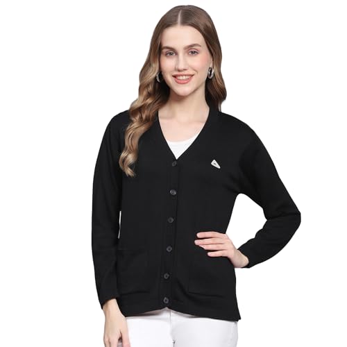 Monte Carlo Black Solid V Neck Sweater |Solid Pattern with Button Closure | Full Sleeve Cardigan for Women's