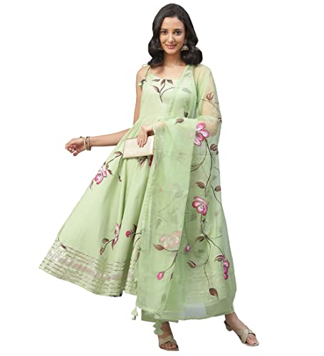 Limedivaa Light Green Hand Painted Floral Anarkali Kurta Pant Set with Dupatta (Medium, Green)