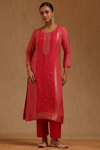 Soch Womens Fuchsia Dola Silk Bandhani Print Suit Set With Sequins