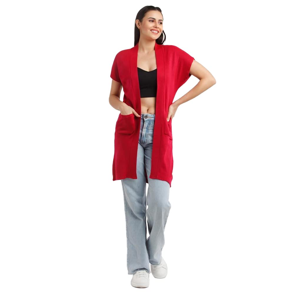Zink London Women's Red Solid Kimono Sleeve Straight Shrug