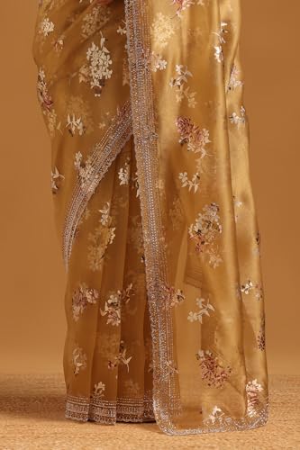 Soch Womens Gold Organza Floral Saree With Stone Work