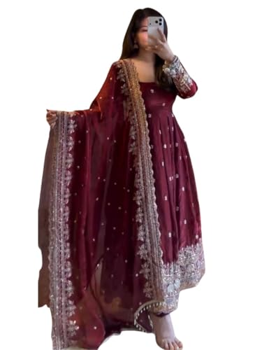 JIYA'S Collection Exclusive Designer Georgette Embroidered Gown Set for Women with Sequence Work Dupatta (in, Alpha, L, Regular, RED)