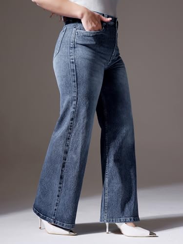 Miss Chase A+ Women's Wide Leg High Rise Regular Length Stretchable Denim Jeans (APSS25DEN78-10-354-28, Prussian Blue, 28)
