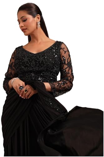Soch Womens Black Nylon Blend Solid Ready To Wear Saree With Sequins