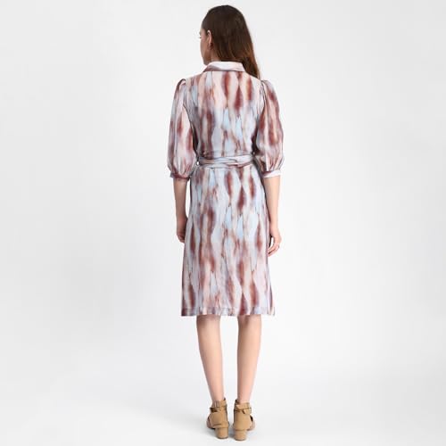 Madame Blue Abstract Print Belted A Line Midi Dress