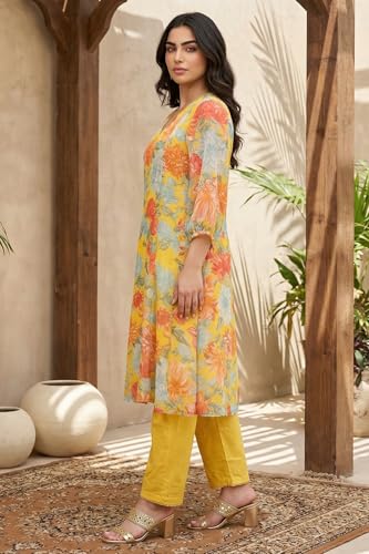 W for Woman Yellow Floral Printed Chiffon Straight Kurta with Pants and Dupatta Set - (WS13922-126973-XS)