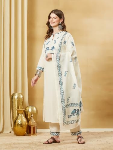 Divena Off White Cotton Flex Embroidered Kurta Sets with Dupatta