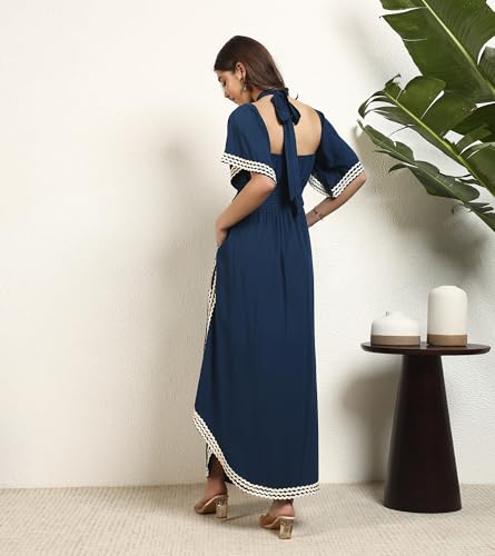 DEEBACO Women's Solid Rayon Slit Ankle Length A-Line Dress|Sleeveless|Halter Neck|Casual Trending Fashion Long One Piece Dresses Women Western(DBDR00002287_M_Teal Blue)