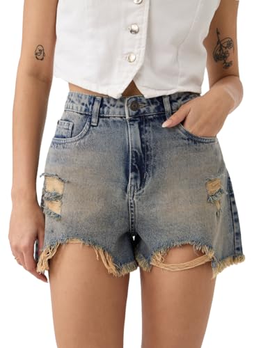 The Souled Store Denim Shorts: Mid Blue Women and Girls Buttoned Solid Distressed Mini Above The Knee Denim Shorts