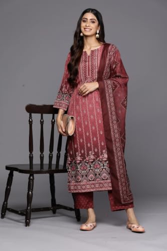 Women's Maroon Printed Cotton Kurta With Pant And Dupatta