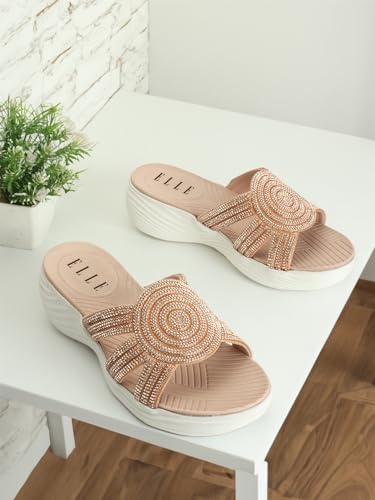 ELLE women Comforable Slide Wedge Heel Sandal,Colour-Pink, Size-UK- 40