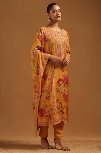 Soch Womens Mustard Muslin Floral Suit Set With Bead Details