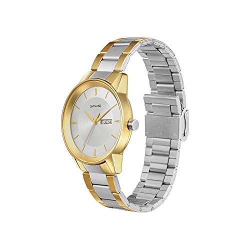 Sonata Quartz Analog With Day & Date Silver Dial Two Toned Silver & Gold Stainless Steel Strap Watch for Men - NT7133BM03