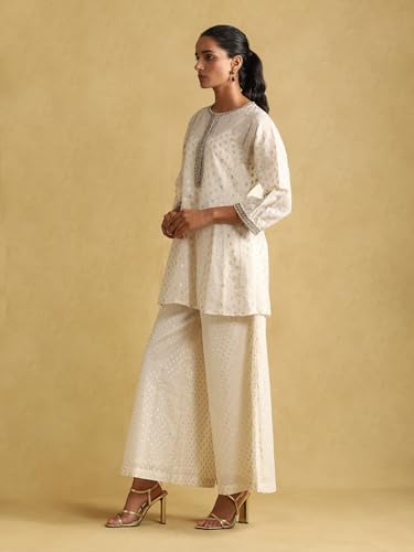 Ritu Kumar Off White Embroidered Ensemble Kurti With Dhoti Pant And Inner