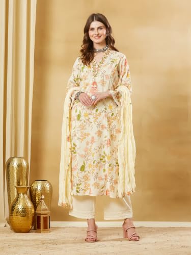 Divena Cream Cotton Floral Kurta Sets With Dupatta