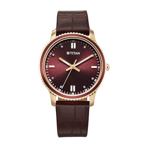 Titan Purple Sports Fashion Quartz Maroon Dial Leather Strap Watch for Women