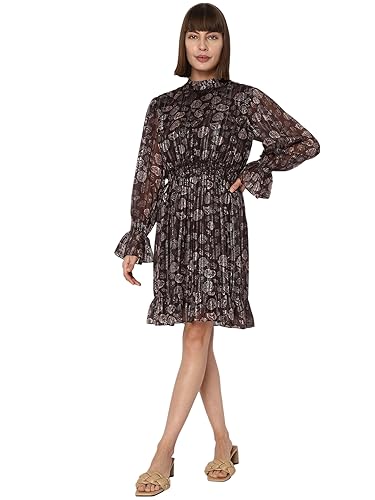 VERO MODA Women Printed Polyester Knee Length Brown Fit & Flare Dress
