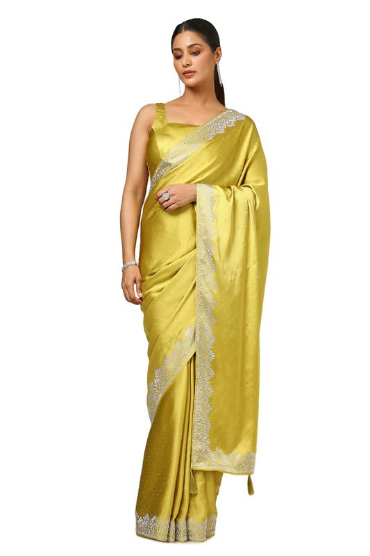 Soch Womens Mustard Satin Embellished Saree With Stone Work
