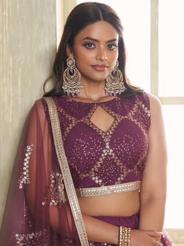 Zeel Clothing Women's Net Semi-Stitched Thread Sequins Work Embroideredry Soft Lehenga Choli with Dupatta (NFH-2206-Wine--Lehenga-Choli-Latest; Free Size)