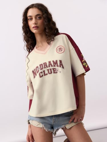 The Souled Store No Drama Women and Girls Short Sleeves V-Neck Cream and Maroon Graphic Printed Cotton Casual Drop Shoulder Breathable Lightweight All Season Oversized T-Shirts