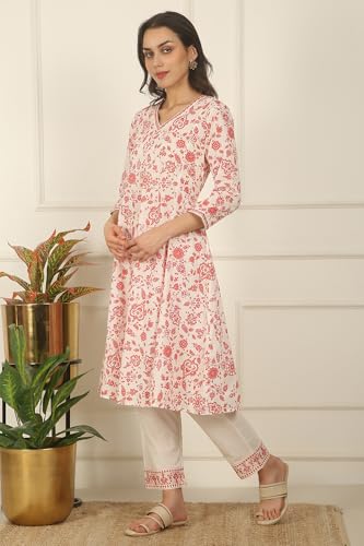 W for Woman White and Orange Floral Printed Pure Cotton Flared Kurta, Pants and Dupatta Set (Size: S)-WS12726-125580