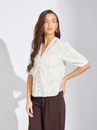 Latin Quarters Women Ivory Embroidered Linen Blend Top | V-Neck | Half Sleeves | Button-Down Casual Summer Shirt