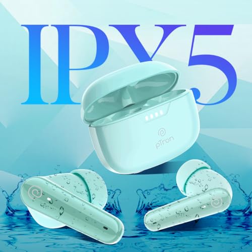pTron Basspods Tour TWS Earbuds with 3D AudioScape, 45Hrs Playtime, TruTalk AI-ENC Calls, 50ms Low Latency Sync, BT v5.3, Type-C Fast Charging, Voice Asst. & IPX5 Water Resistant (Mint Julep)