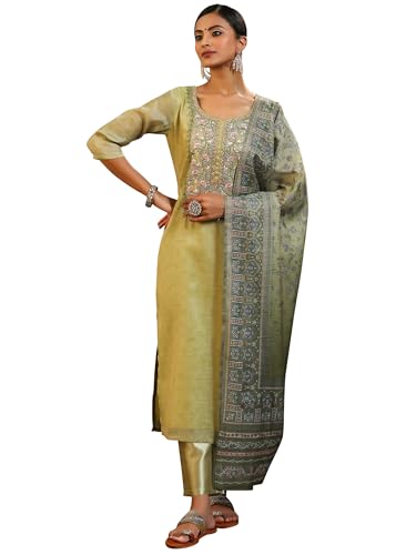 Libas Womens Yoke Design Silk Blend Straight Kurta With Trousers and Dupatta