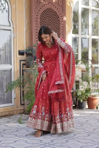 doxy craft Women's Red Anarkali Gown with Dupatta, Floral Embroidered, Full Sleeve, Festive Ethnic Wear