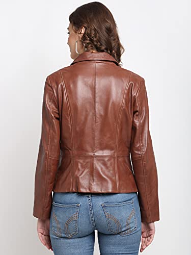 Teakwood Genuine Leather Soild Stylish Casual Blazer Jacket for Women (M- Brown)