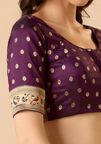 S SALWAR STUDIO Brinjal Paithani Silk Round Neck Readymade Blouse Violet