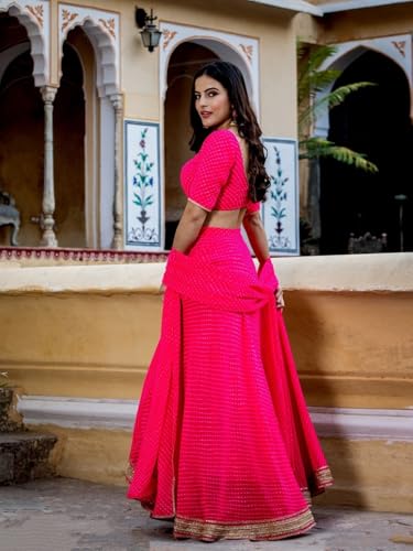 AG Clothing Women's Georgette Semi Stitched Lehenga Choli With Dupatta | Leheriya BAndhani Print And Lace Pattern | Traditional, Wedding,Navratri Ethnic Wear Lehenga (ZC-15049-Pink)