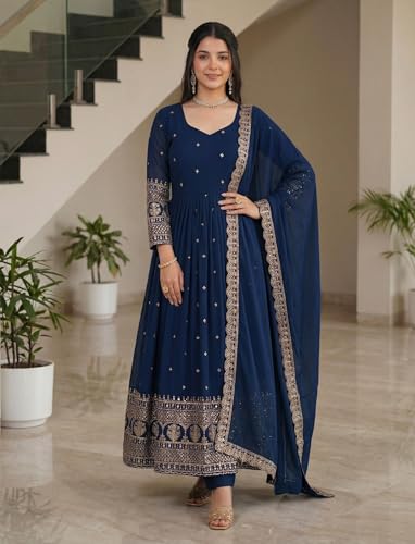 Leeli Peeri Designer Women's Vichitra Silk Sequence Work Anarkali Kurta with Trouser and Dupatta