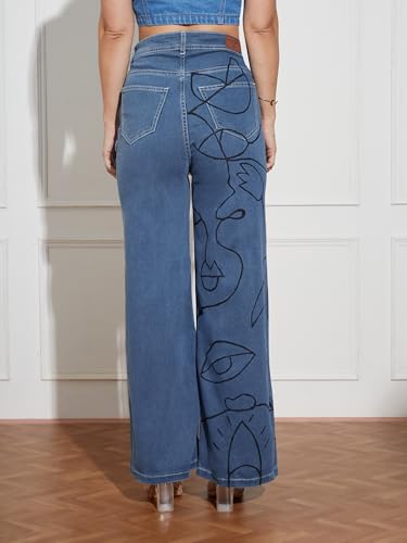Miss Chase Women's Wide Leg High Rise Hand Painted Stretchable Denim Jeans (MCSS18DEN02-19-391-32, Hazy Blue, 32)