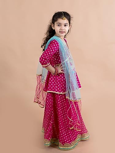 Pspeaches Girls Magenta Blue Printed Ready To Wear Lehenga Blouse With Dupatta (Pink-5-6Y)