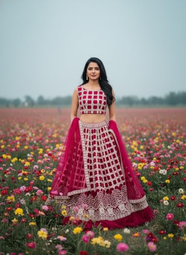 VARNI FABRICS Women's Pink Embroidered Lehenga Choli With Dupatta, Embroidery Pattern, Bridal Wear, Semi-Stitched