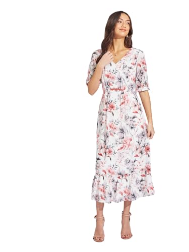 Latin Quarters Women Maroon V-Neck Half Sleeve Printed Midi A-Line Dress Casual for Wear_L