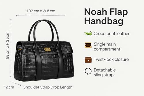 eske Noah Flap Handbag for Women Genuine Leather Satchel with Twist Lock Closure Dual Handles Detachable Sling Strap 1 Compartment Zipper and Slip Pockets Office Purse (Black)